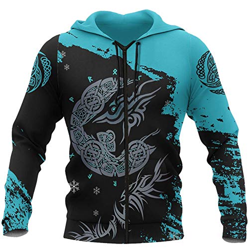 Viking Norse Mythology Rune Tattoo Sudadera con cremallera, estampado en 3D, tótem de cuervos Odin, unisex, otoño invierno, manga larga, sudadera con capucha, ropa de calle, cremallera azul, 3XL