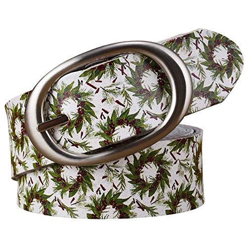 WEIYYY Cinturones de Cuero de Moda para Mujer Impresión de diseñador Hojas Rojas cinturón Floral Hembra Hebilla de Pin Ancho de la Correa 3.5 cm, GreenLeaves, 95CM