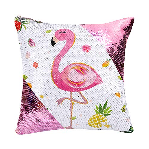 WERNNSAI Funda de Cojín Flamingo - 40 x 40 cm Juego de 2 Fundas Cojines de Lentejuelas Rosadas Sirena Cuadradas Flores Piña Fundas de Almohada para Sofá Silla(SIN Insertos de Almohada)