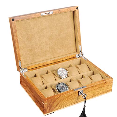 WYFX Caja de Reloj Grande para Hombres/Mujeres - 10 Ranuras para Relojes Organizador de Joyas Vitrina de Reloj de Madera Almacenamiento Tapa de Vidrio, Cerradura de Metal con Cerradura