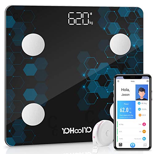 YOHOOLYO Báscula de Baño Báscula Inteligente Bluetooth Báscula Digital Monitores de Composición Corporal 5-180kg para Andriod y iOS