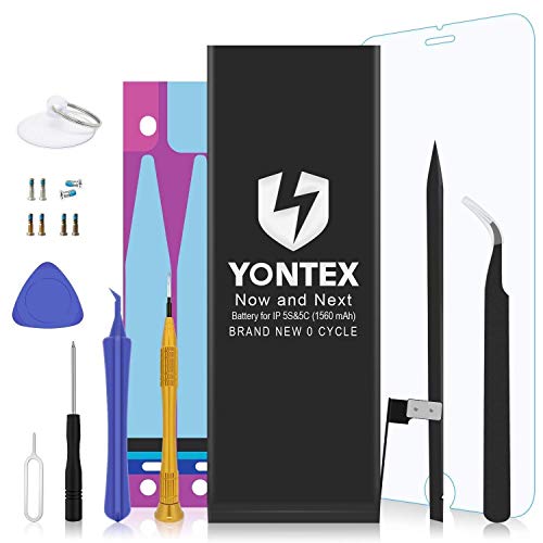 YONTEX Batería para iPhone 5S 5C Reemplazo con Kits de Herramientas de reparación,Adhesiva y Protector de Pantalla, batería de Repuesto de 1560 mAh 0 Ciclo,Garantía de 24 Meses