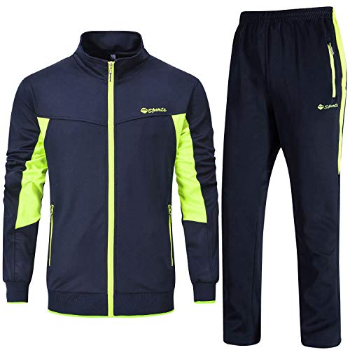 YSENTO Chándal completo para hombre, ideal para jogging y gimnasio, transpirabilidad del sudor, cuello alto, pantalones Azul marino + verde XXL