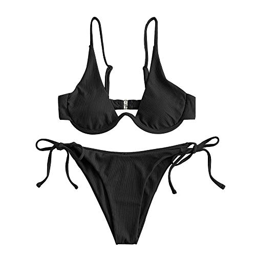 ZAFUL - Bikini de Dos Piezas para Mujer, diseño de Leopardo Criss Cross Push Up de Corte Alto y Acolchado (Negro -1, S)