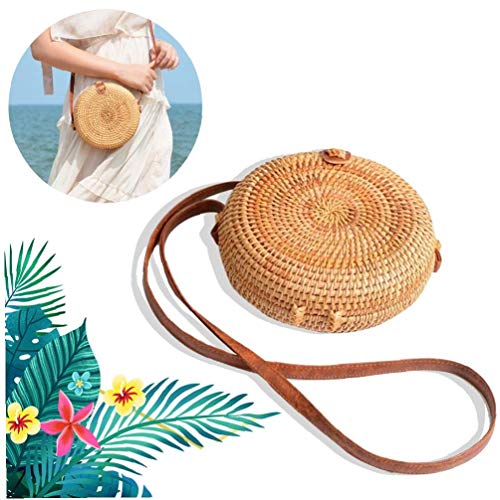 1PC tejida a mano Ronda Rattan Bolsa de hombro correas de cuero natural Boho Chic estilo de Crossbody del bolso de la vendimia trenzado de ratán bolsa para recorrido de la playa casual Uso (redondo)