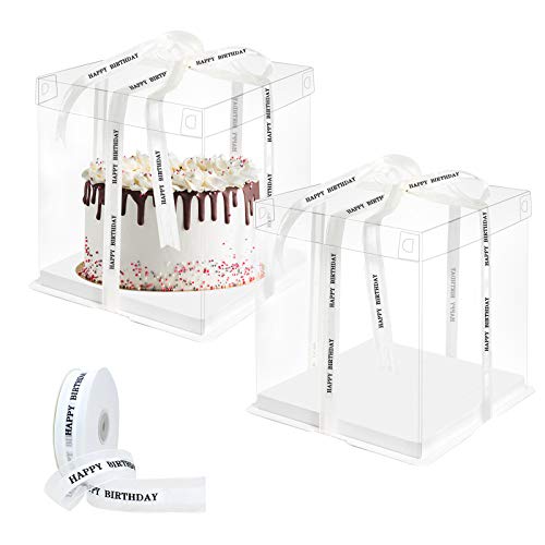 2 cajas transparentes para tartas de 20,32 cm con cinta de feliz cumpleaños, cajas de regalo de plástico, cajas transparentes de cubo de 26 x 26 x 25 cm, caja de embalaje para postres.