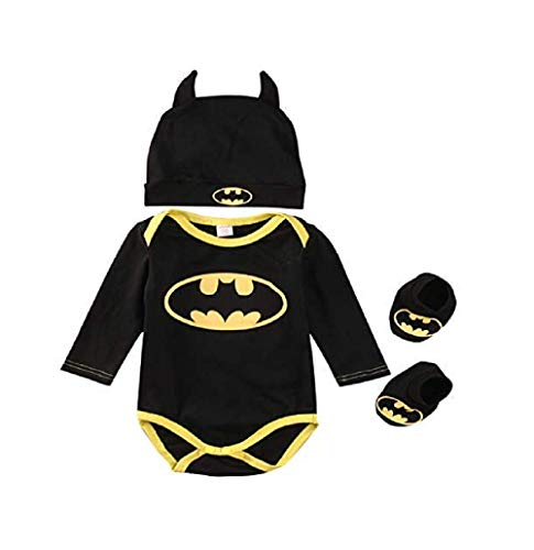 3 Unids Ropa Bebe Verano BEB¨¦S Reci¨¦N Nacidos Bebe Ni?Os Batman Mamelucos Zapatos Trajes De Sombrero Ropa Set BEB¨¦ Fresco Traje De Tela De Batman (Negra B, 70(0-6 Meses))