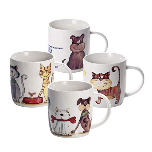4 Juego de tazas de café, 365 ml de porcelana con gatos y perros, regalo para mujer hombre y niños amante de los animales
