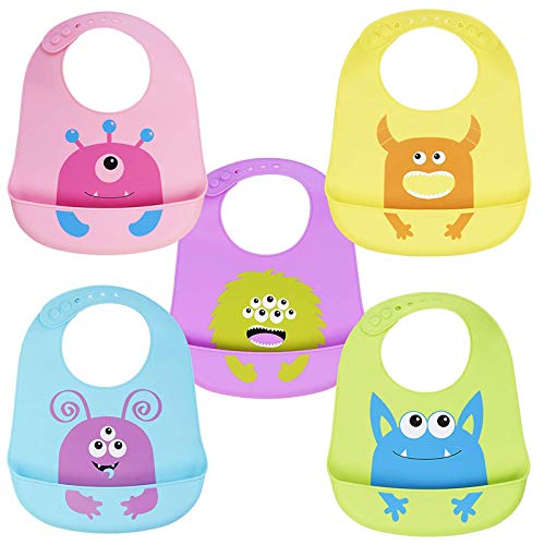 5 Pz Baberos Suave de Silicona para Bebés Impermeable, Monstruos Lindos| Ajustable, Flexible, Cómodo y Fácil de Limpiar - Sin BPA - Baby Bib para Destete y Alimentación.