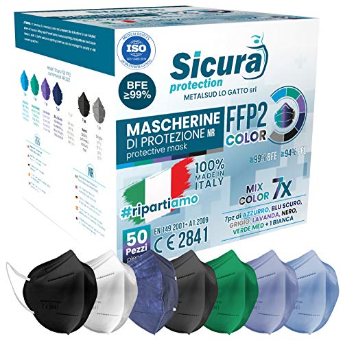 50 Máscarillas FFP2 Homologadas Certificadas CE Fabricadas en Italia BFE ≥99% 7 Colores Surtidos Negro Azul Claro Verde Lavanda Gris Oscuro y Blanco Dispositivos sanitarios médicos ISO 13485 50 Máscarillas FFP2 Homologadas Certificadas CE Fabricadas en Italia BFE ≥99% 7 Colores Surtidos Negro Azul Claro Verde Lavanda Gris Oscuro y Blanco Dispositivos sanitarios médicos ISO 13485