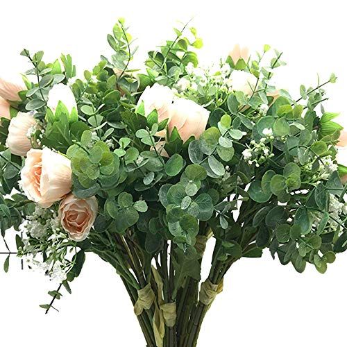 Aisamco 2 Piezas Artificial Bouquet Flores variadas Rosa Falsa Aliento del bebé Eucalipto Ramas 13.8"Alto para la Mesa Decoración de Oficina en casa Boda Arreglo Floral Dama de Honor Ramo de Novia