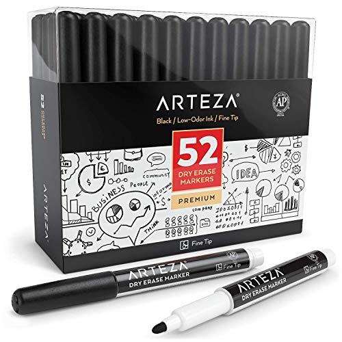 Arteza Rotuladores negros de pizarra blanca | Caja de 52 marcadores de punta fina para pizarra | Tinta de olor bajo, perfectos para el colegio, la oficina y el hogar