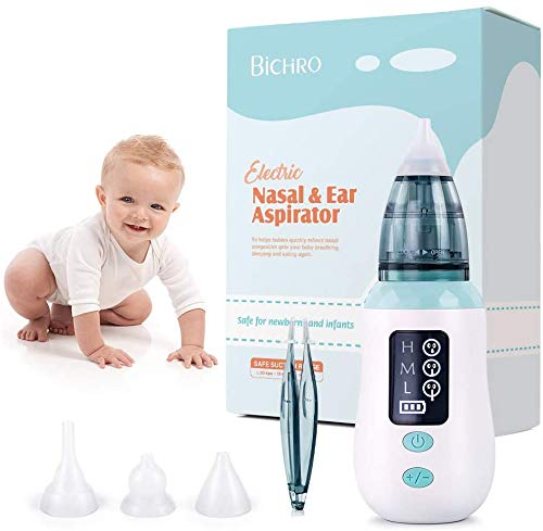 Aspirador nasal, limpiador de nariz de carga USB Bichiro con 3 niveles de succión, removedor de cera para los oídos con 4 boquillas reutilizables para bebés y niños pequeños