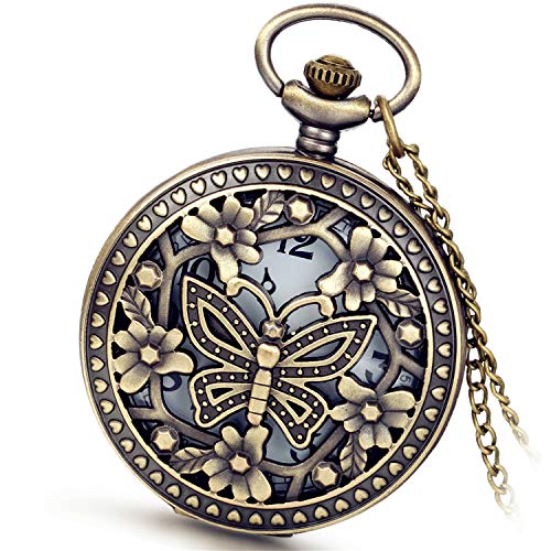 Avaner - Reloj de Bolsillo de Cuarzo con diseño de Rosas Huecas, Estilo Retro, Color Bronce Envejecido, para Mujeres y niñas