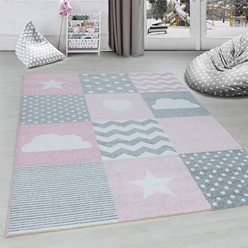 Ayyildiz Teppich Alfombra para habitación infantil, diseño de cuadros, nubes, estrellas, corazones, gris, rosa y blanco, 120 cm, redonda