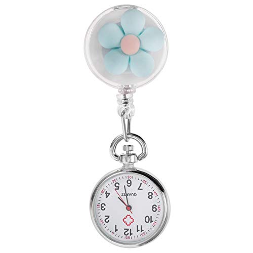 Baluue Enfermera Reloj de Solapa Estirable Retráctil Reloj de Enfermera con Dibujos Animados de Segunda Mano Flor Clip Reloj Médico Solapa Cierre Reloj de Bolsillo para Estudiantes de