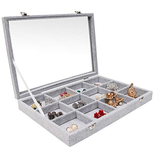 BELLE VOUS Joyero Grande - Organizador de Joyas Gris con 12 Secciones (35 x 24 x 4,5cm) Organizadores de Joyas con Forro de Terciopelo y Tapa Vidrio para Anillos, Pendientes, Colgantes