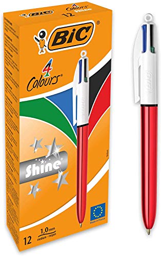 BIC 4 colores Shine - Caja de 12 unidades, bolígrafos punta media (1,0 mm), diseño metalizado, color rojo