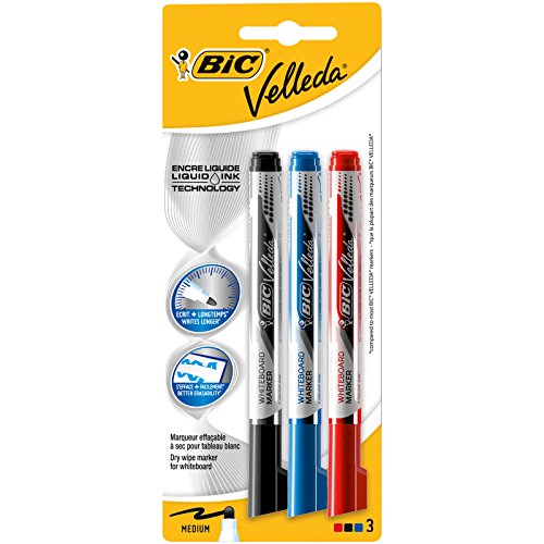 BIC Velleda - Blíster de 3 marcadores para pizarra blanca, colores azul, negro y rojo