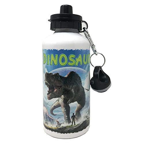 Botella de aluminio con mosquetón y cierre hermético, libre de sustancias nocivas – Capacidad 500 ml – Con dibujo simpático de dinosaurios (Mod. 1)