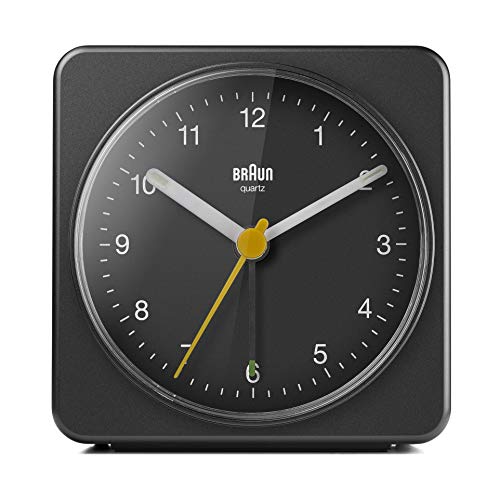 Braun BC-03-B - Reloj despertador clásico analógico ideal para viaje, alarma cecriente, agujas luminosas, movimiento silencioso, esfera mate, color negro