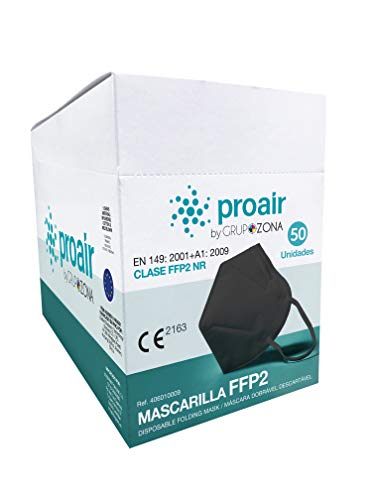 Caja 50 Mascarillas FFP2 homologadas CE 2163, color negro, filtrado de 5 capas - ProAir - Mascarilla protección respiratoria