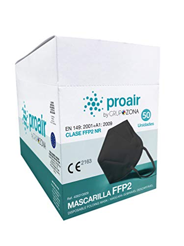Caja 50 Mascarillas FFP2 homologadas CE 2163, color negro, filtrado de 5 capas - ProAir - Mascarilla protección respiratoria Caja 50 Mascarillas FFP2 homologadas CE 2163, color negro, filtrado de 5 capas - ProAir - Mascarilla protección respiratoria