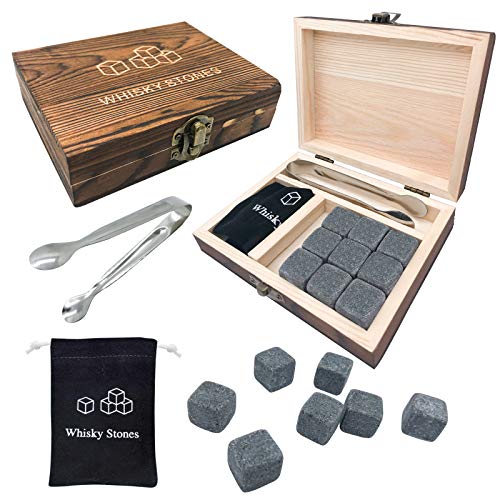 Caja de regalo de piedra de whisky, juego de 9, Reutilizables Cubitos de Hielo para Whisky - Caja de regalo de madera