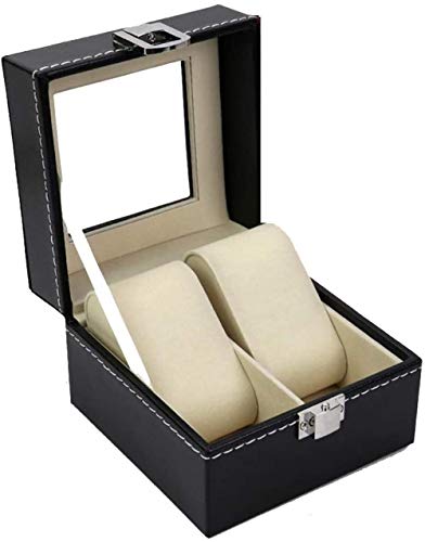 Caja de reloj con 2 ranuras para relojes, caja de almacenamiento con cerradura con tapa de cristal, piel sintética, color negro, tamaño 13 x 13 x 13 cm)