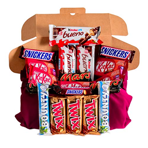 Caja regalo de bombones y chocolates - Kinder Bueno, Kit Kat, Twix, Bounty, Twix, Snickers, Mars. Regalo original para cumpleaños, navidad y San Valentín