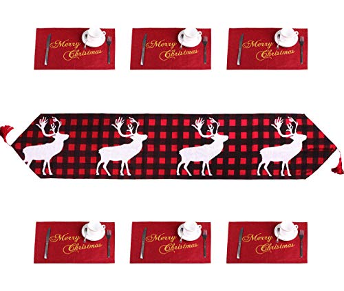 Camino de mesa navideño de 182 cm con juego de 6 manteles individuales de Navidad de Papá Noel rojo para decoración del hogar o fiestas