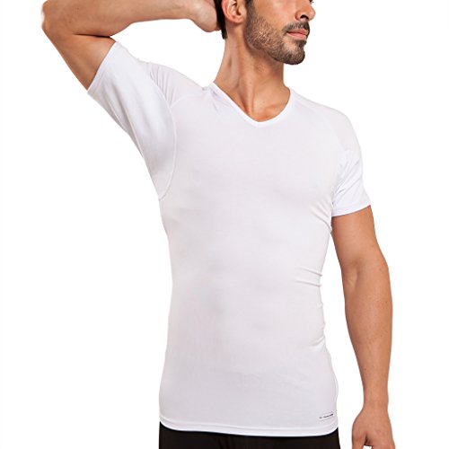 Camiseta Interior de Hombre a Prueba de Sudor Eji, Cuello de Pico, Plata antiolor, Micromodal, Almohadillas para el Sudor (L, White)