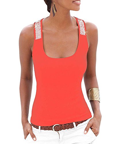 Camiseta Sin Mangas Clásico para Mujer Lentejuela Correa Tops Rojo Naranja S Camiseta Sin Mangas Clásico para Mujer Lentejuela Correa Tops Rojo Naranja S