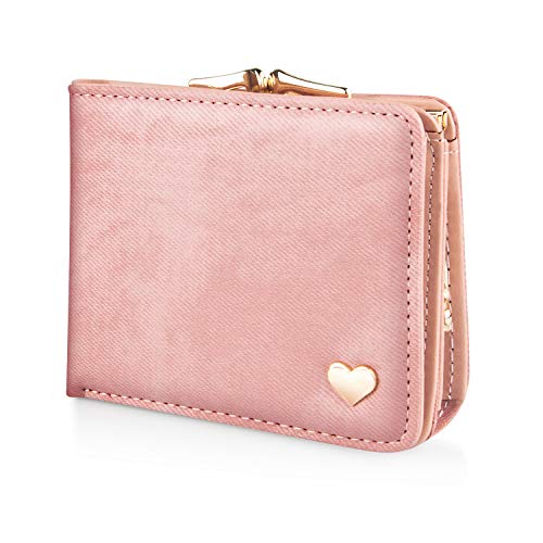 Cartera Corta Mujer, Leenou Tassel PU Cuero Monedero Tarjetero Mujer con Metal en Forma de Corazon con Cremallera Billetera Bolso Pequeño (Rosa)