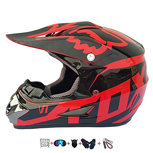 Casco Moto niño,Casco Motocross niño Moto Set con Gafas/Máscara/Guantes Casco Motocross (6unidades) Apto para Cuatro Estaciones (57-58CM)