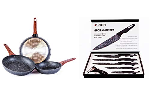 CLOEN Set de Cuchillos + 3 Sartenes de Aluminio con Revestimiento de mármol y Mango Suave de baquelita Efecto Madera, Medidas 20-24-28 cm. Set Laura by (Cuchillos Black Premium) CLOEN Set de Cuchillos + 3 Sartenes de Aluminio con Revestimiento de mármol y Mango Suave de baquelita Efecto Madera, Medidas 20-24-28 cm. Set Laura by (Cuchillos Black Premium)
