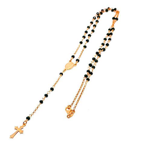 Collar largo en forma de rosario, plata 925 ‰, color amarillo, con cruz y Virgen, 49 cm