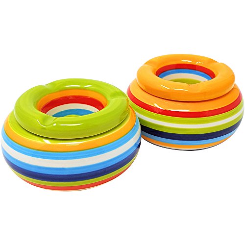 com-four® 2X ceniceros de Viento de cerámica en Verde y Naranja, Cada uno con Rayas de Colores (02 Piezas - Mix2)