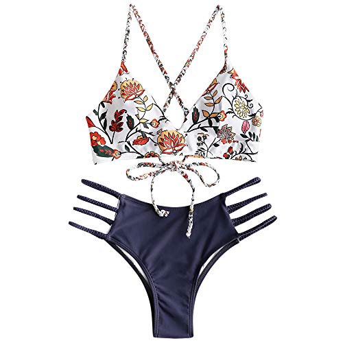 Conjunto de bikini Zaful para mujer compuesto por dos piezas con sujetador ajustable en la espalda y efecto realzador, escote triangular y estampado de flores azul-2 L