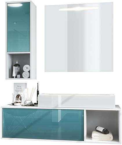 Conjunto de Muebles para baño La Costa, Cuerpo en Blanco Mate/Frentes en petróleo de Alto Brillo con Lavabo y Espejo LED