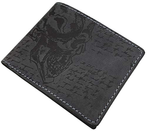 Cuero de búfalo Cartera con Calavera-Motivo en Formato Vertical o Formato oblongo - con Bloqueo RFID y NFC (Modelo 2 / Formato Oblongo/Gris)