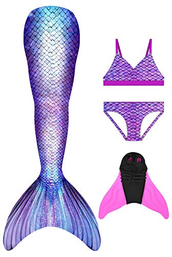Decool Cola de Sirena Traje de Baño Sirena de Las Muchachas Bikini 4pcs Set, Princesa Cosplay Conjunto con Cola de Sirena Monofín