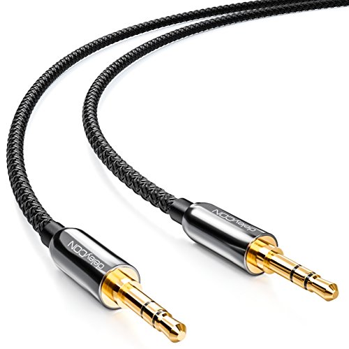 deleyCON 5m Cable Jack con Funda de Nylon - Audio Estéreo - AUX - Conector de 3,5mm a Conector de 3,5mm - Chapado en Oro - Negro