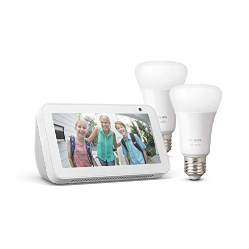 Echo Show 5, blanco + Philips Hue White Pack de 2 bombillas LED inteligentes, compatible con Bluetooth y Zigbee, no se requiere controlador Echo Show 5, blanco + Philips Hue White Pack de 2 bombillas LED inteligentes, compatible con Bluetooth y Zigbee, no se requiere controlador