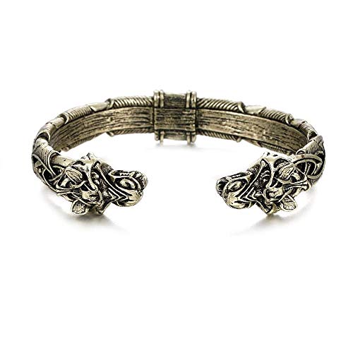 El gran Fenrir pulsera hecha a mano, anillo de brazo de metal nórdico, pulsera hecha a mano con cabeza de lobo vikingo, pulsera vikinga, joyería de moda (Bronce)