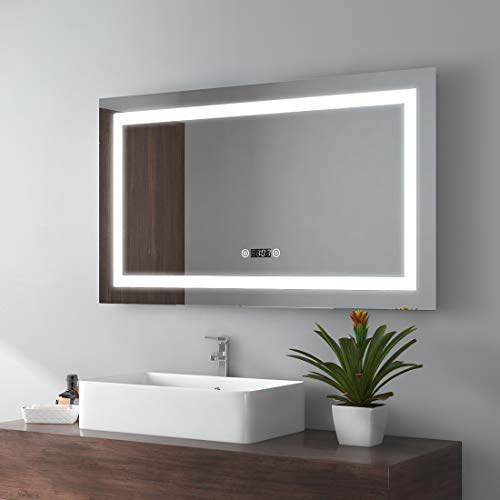 EMKE Espejo de Baño Espejo de baño Espejo LED Espejo de Pared con Interruptor Táctil+Antivaho+Reloj Digital,IP44,52W,Blanco Frío(100x60cm)