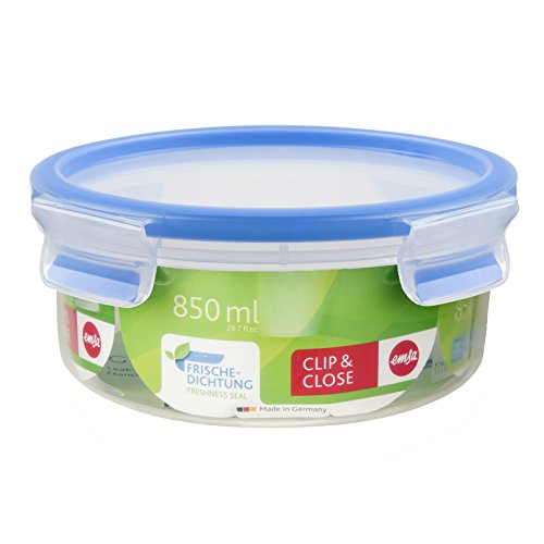 Emsa Clip & Close Conservador Hermético de Plástico Circular, higiénico, no retiene olores ni sabores 100% Libre de BPA, Transparente y Azul, 0,85 L