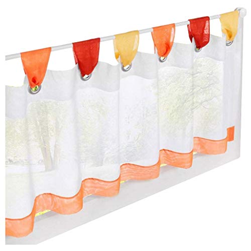 ESLIR Visillo con trabillas, cortina de cocina, visillo corto, transparente, 1 pieza, 100% poliéster, naranja, HxB 45x120cm