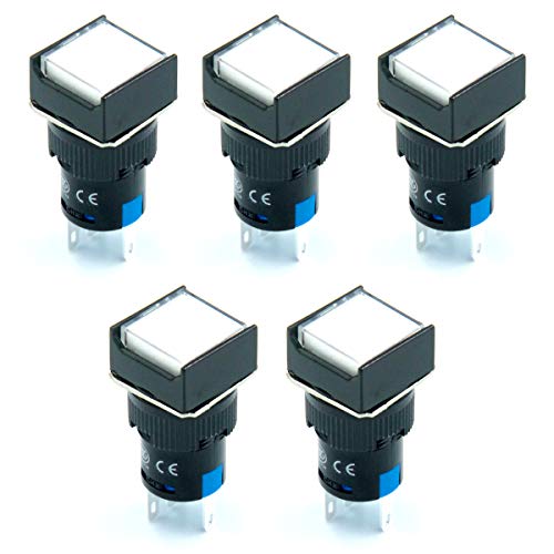 ETial 16mm 1NO 1NC Interruptor de botón pulsador Lámpara LED cuadrada momentánea Luz blanca AC DC 12V 5 pines 5 piezas