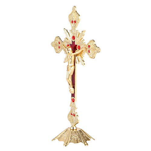 GARNECK Jesús - Figura decorativa artística de Cristo en cruz con tono de cruz en los pies, decoración de escritorio, para casa, oficina, iglesia, regalo dorado